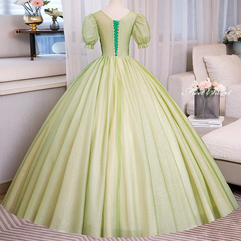 カラードレス プリンセスライン グリーン パフスリーブ 半袖 緑 ロングドレス ウェディングドレス 結婚式 二次会 花嫁 前撮り 演奏会 発表会 ステージ衣装