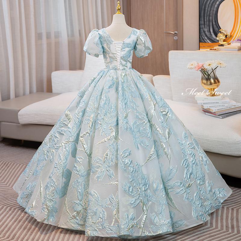 カラードレス プリンセスライン 青 ブルー パフスリーブ 半袖 上品