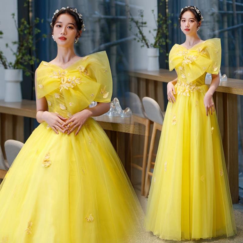 なーちゃんカラードレス　イエロー　お色直し　ウェディングドレス　二次会 カラードレス Aラインドレス ロングドレス イエロー キャミソール 袖