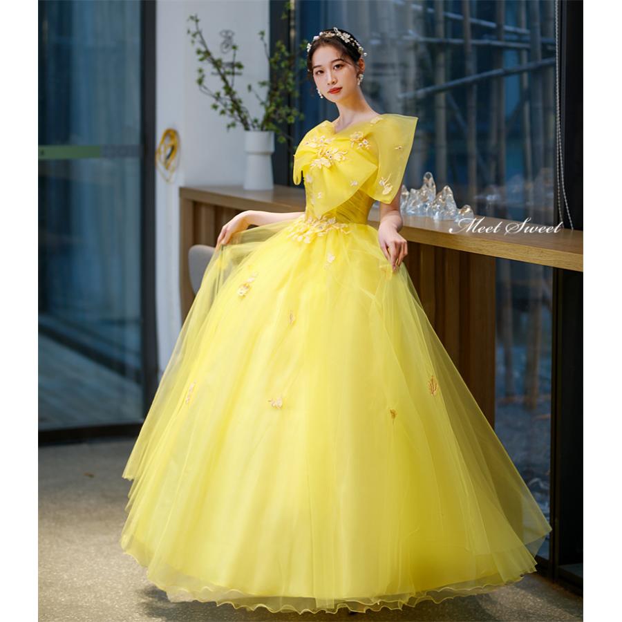 カラードレス Aラインドレス ロングドレス イエロー キャミソール 袖