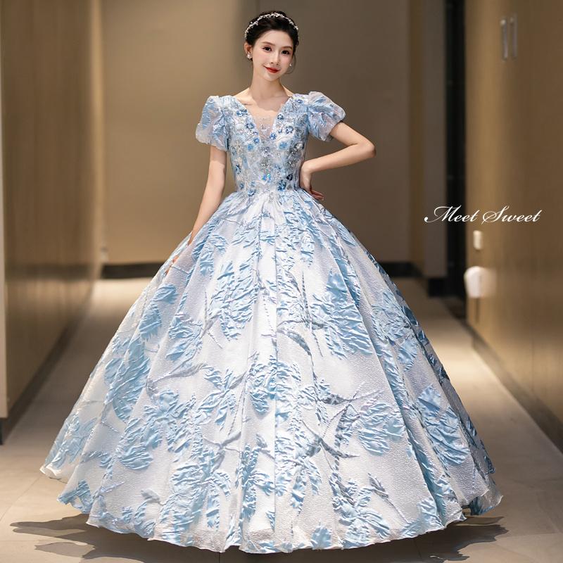 カラードレス プリンセスライン ロングドレス ブルー パフスリーブ 花
