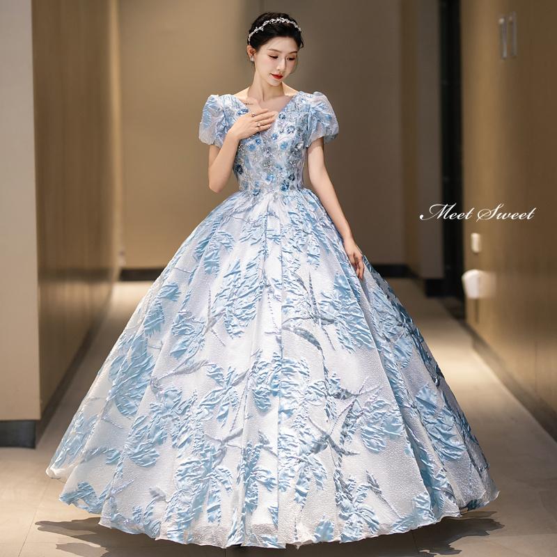 カラードレス プリンセスライン ロングドレス ブルー パフスリーブ 花