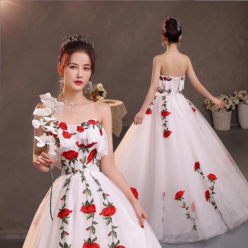 カラードレス Aラインドレス ロングドレス ホワイト ベアトップ 花柄  