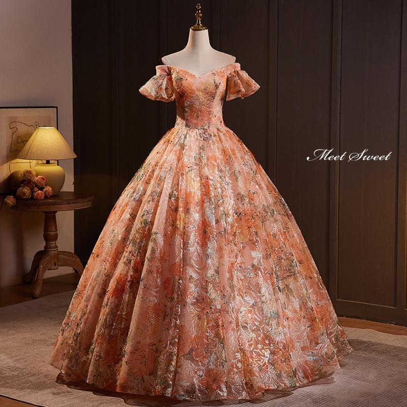 【美品】高島屋購入 高級オレンジ 花柄 刺繍 Aラインドレス カラードレス プリンセスライン ロングドレス オレンジ 花柄 オフ