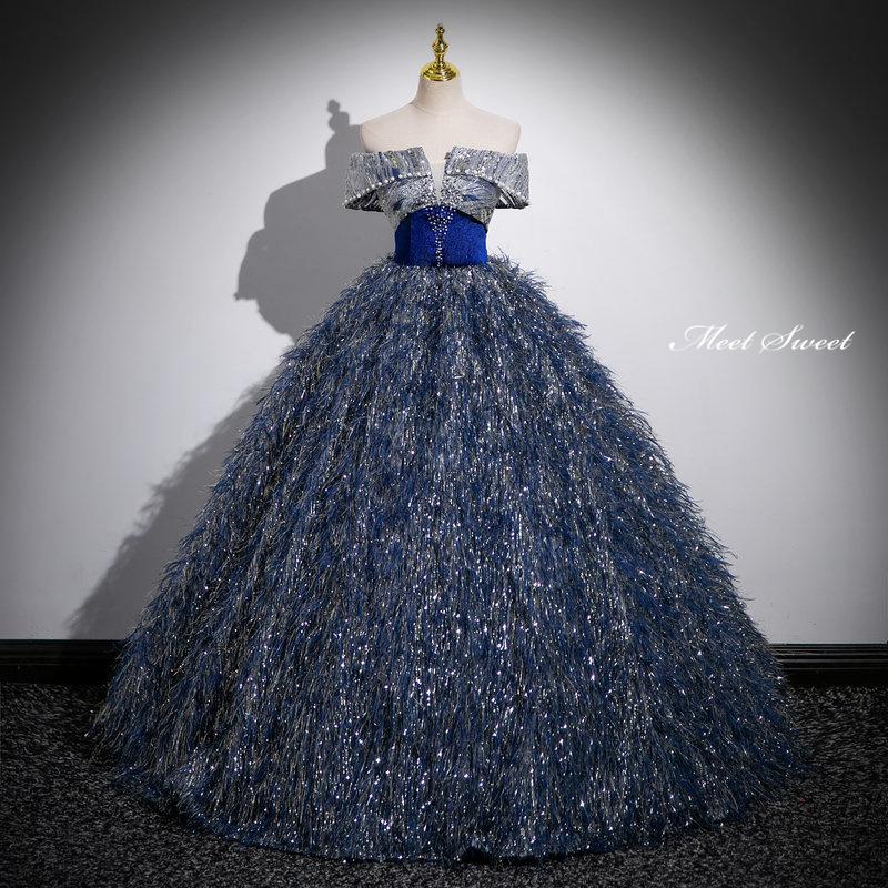 カラードレス プリンセスライン ロングドレス ブルー オフショルダー  