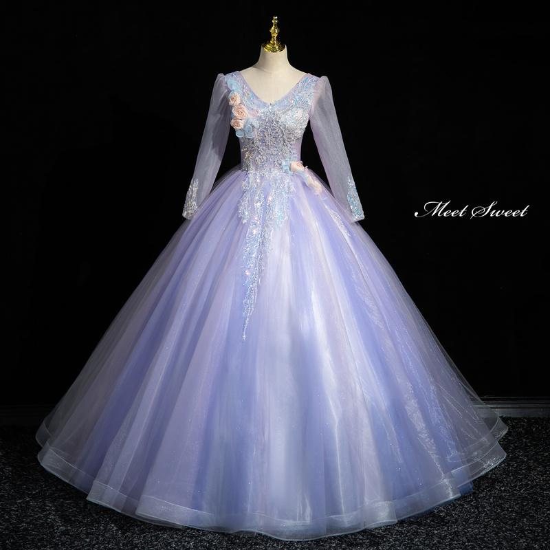 カラードレス プリンセスライン ロングドレス パープル 紫 長袖 V