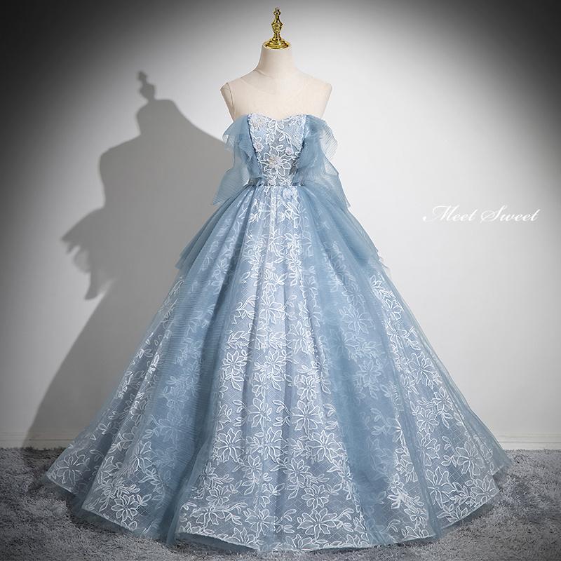 カラードレス プリンセスライン ロングドレス ブルー 花柄 カラードレス プリンセスライン ロングドレス ブルー 花柄