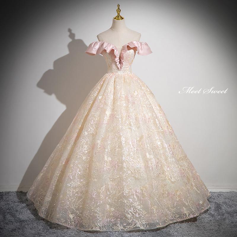 カラードレス プリンセスライン ロングドレス シャンパン オフ