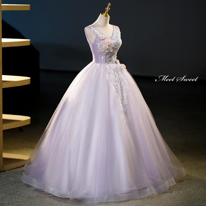 カラードレス プリンセスライン パープル 紫 袖なし ビーズ 花 ロング