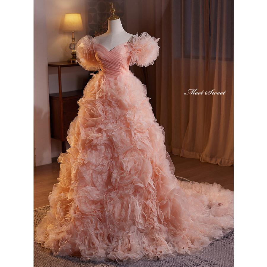 ピンク フリル ロングドレス カラードレス プリンセスライン ピンク フリル ロングドレス