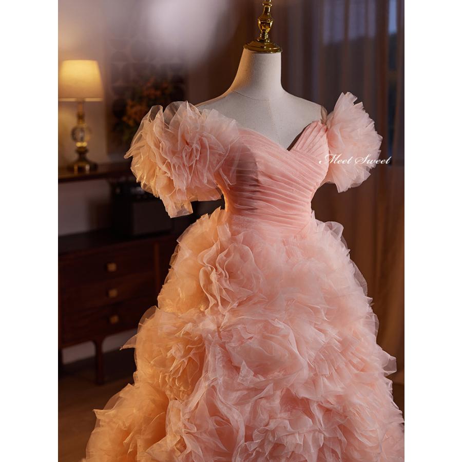 カラードレス プリンセスライン ピンク フリル ロングドレス