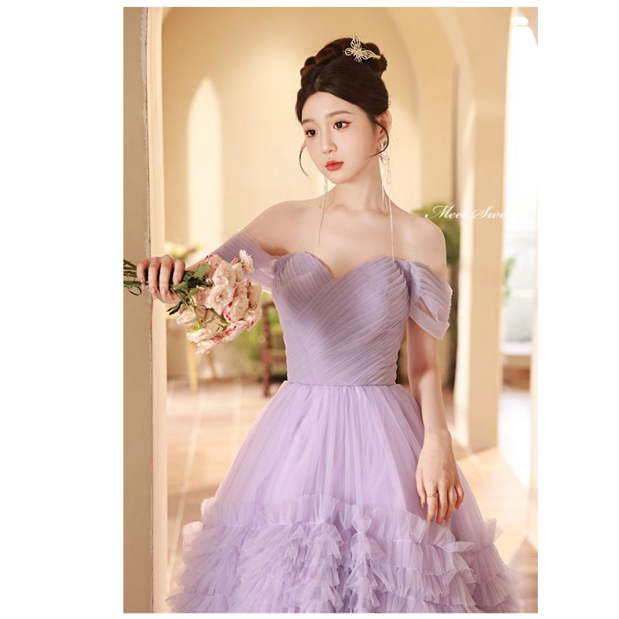 カラードレス プリンセスライン パープル フリル 紫 オフショルダー