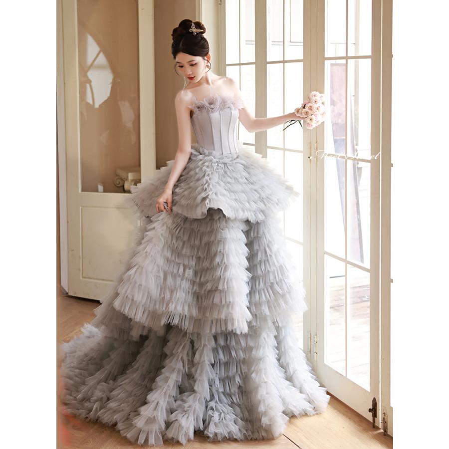 カラードレス プリンセスライン グレー ベアトップ フリル ロング