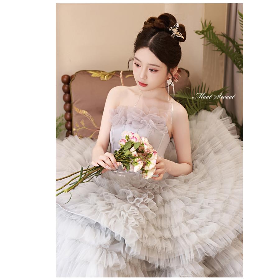 カラードレス プリンセスライン グレー ベアトップ フリル ロング