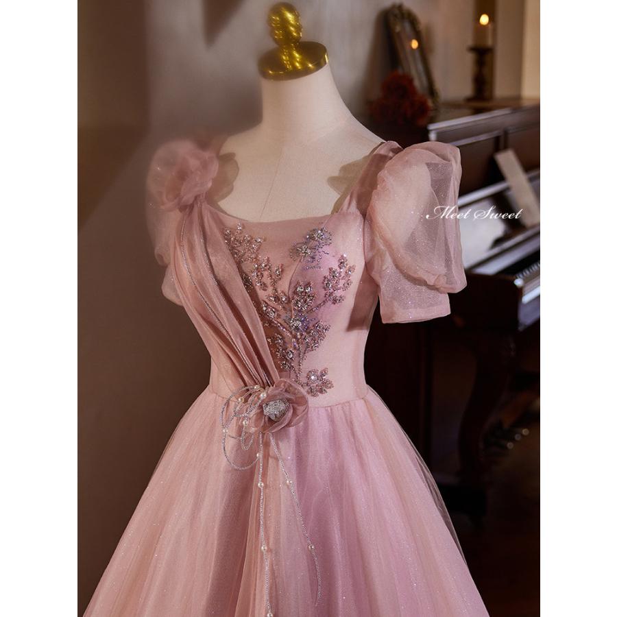 カラードレス プリンセスライン ピンク パフスリーブ 編み上げ ロング