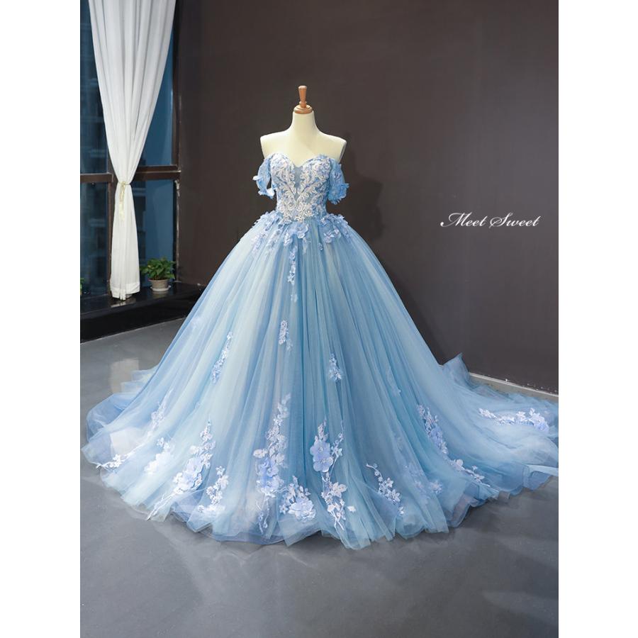 ウェディングドレス オフショル タイトライン 結婚式 二次会 カラードレス プリンセスライン ブルー オフショルダー 花 刺繍