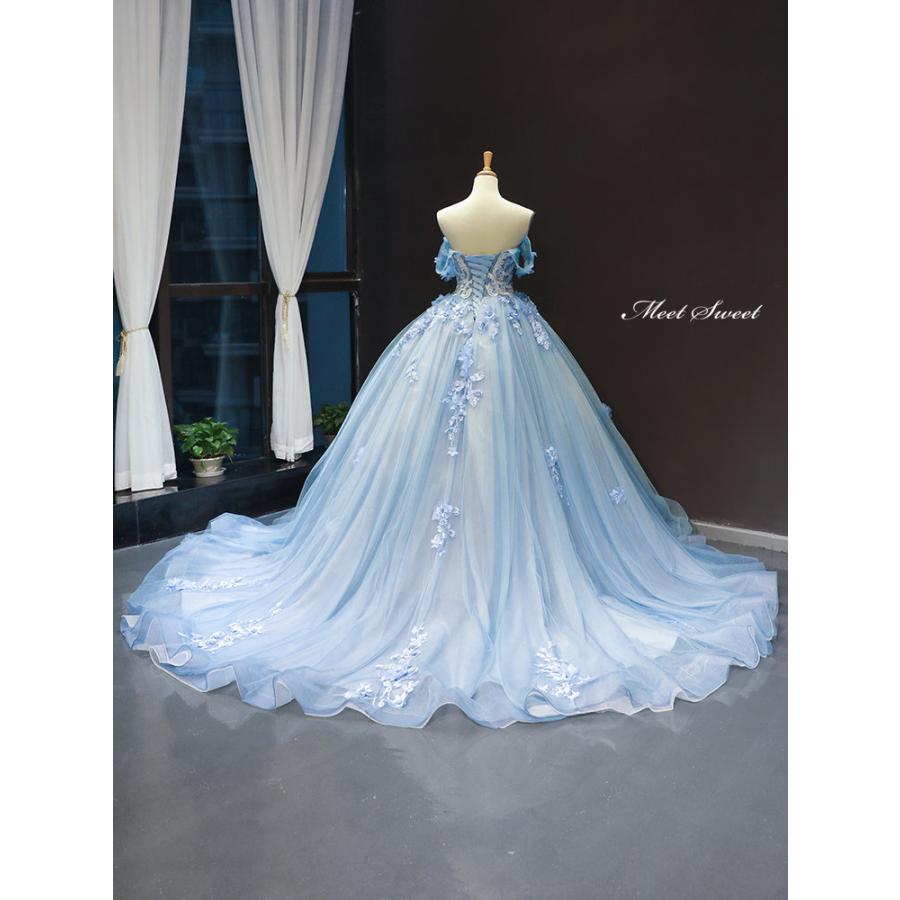 ★要プロフ確認★あなばら いづみ様 ライトブルー オフショルダー刺繍ドレス カラードレス プリンセスライン ブルー オフショルダー 花 刺繍 ロング