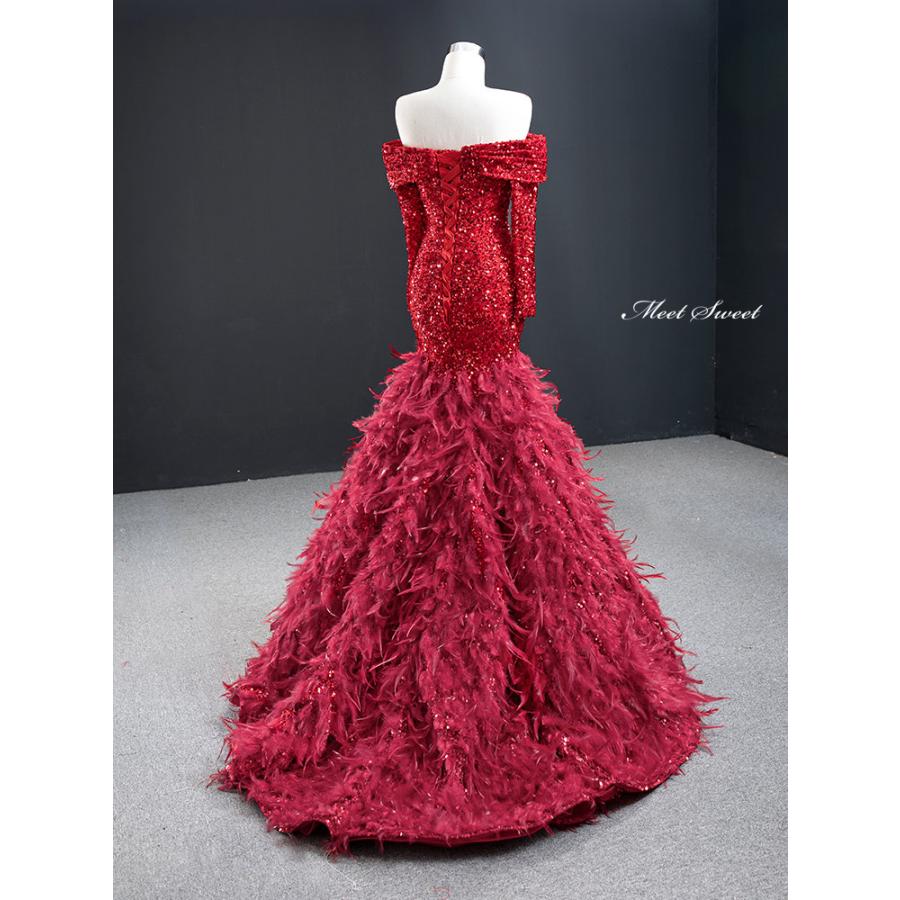 カラードレス マーメイドライン ワインレッド フェザー キラキラ