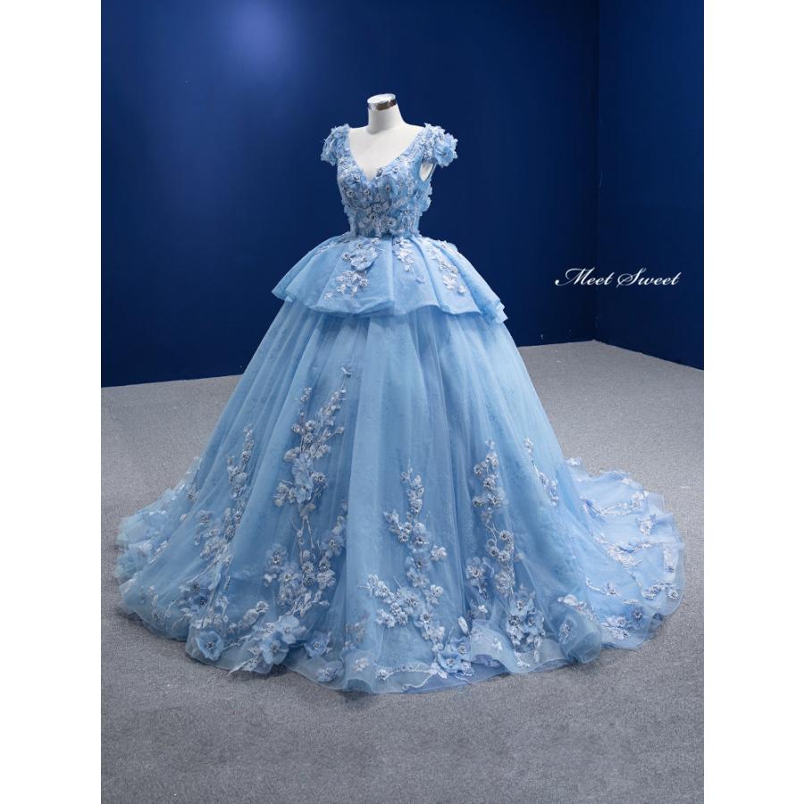 カラードレス プリンセスライン ブルー 半袖 フラワー 編み上げ ロングドレス ウェディングドレス 結婚式 二次会 花嫁 前撮り 演奏会 発表会 ステージ衣装_1