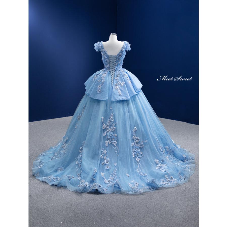 カラードレス プリンセスライン ブルー 半袖 フラワー 編み上げ ロングドレス ウェディングドレス 結婚式 二次会 花嫁 前撮り 演奏会 発表会 ステージ衣装_2