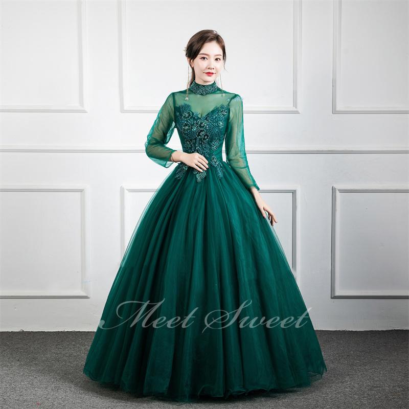 カラードレス プリンセスライン グリーン 長袖 ハイネック 濃い緑