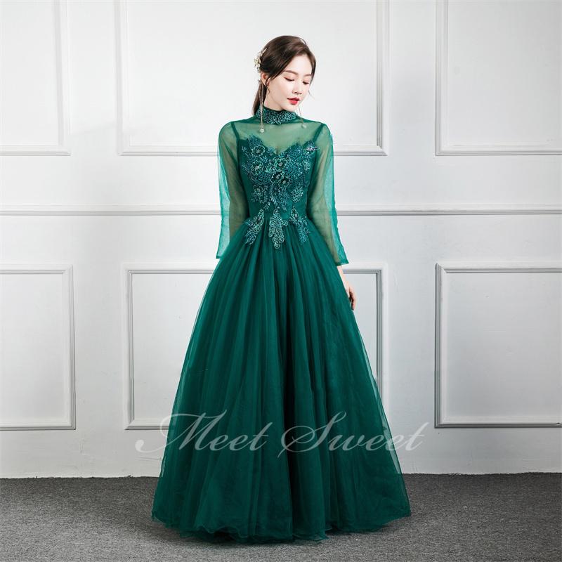 カラードレス プリンセスライン グリーン 長袖 ハイネック 濃い緑