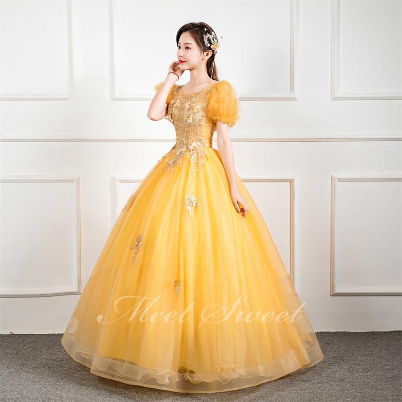 カラードレス プリンセスライン イエロー パフスリーブ ロングドレス  