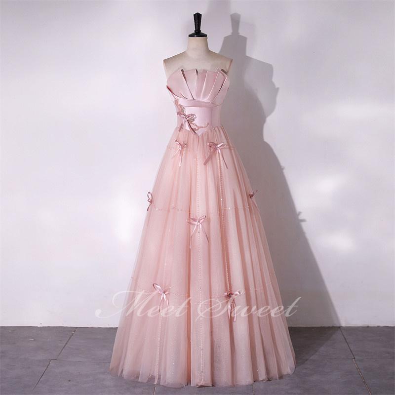 カラードレス Aラインドレス ロングドレス ピンク ベアトップ リボン 花柄 可愛い ウェディングドレス 結婚式 二次会 花嫁 前撮り 演奏会 発表会 ステージ衣装 カラードレス Aラインドレス ピンク リボン ベアトップ ロングドレス