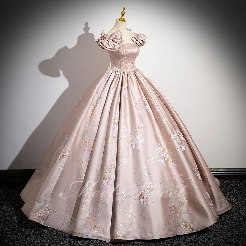 カラードレス Aラインドレス ピンク 花柄 リボン 袖なし サテン ロングドレス ウェディングドレス 結婚式 二次会 花嫁 前撮り 演奏会 発表会 ステージ衣装の画像