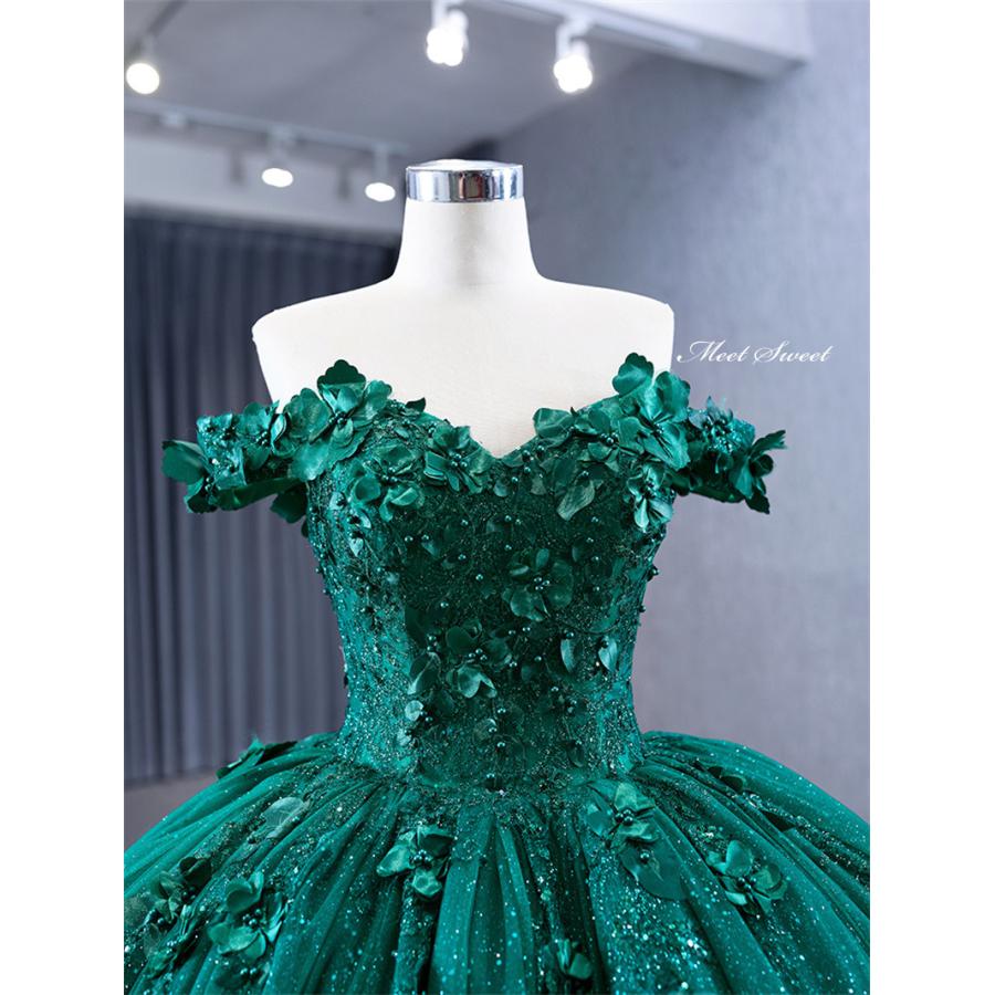 カラードレス プリンセスライン グリーン オフショルダー 緑 花 ロング