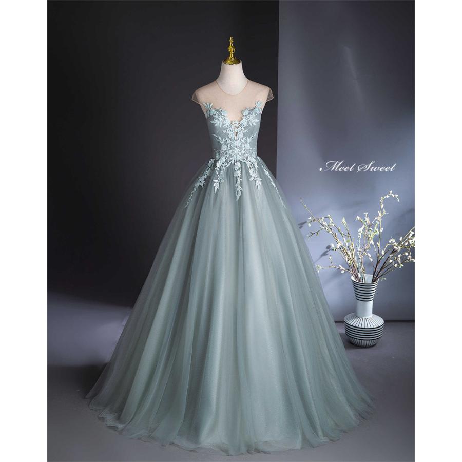 カラードレス Aラインドレス グリーン フレンチスリーブ レース ロング