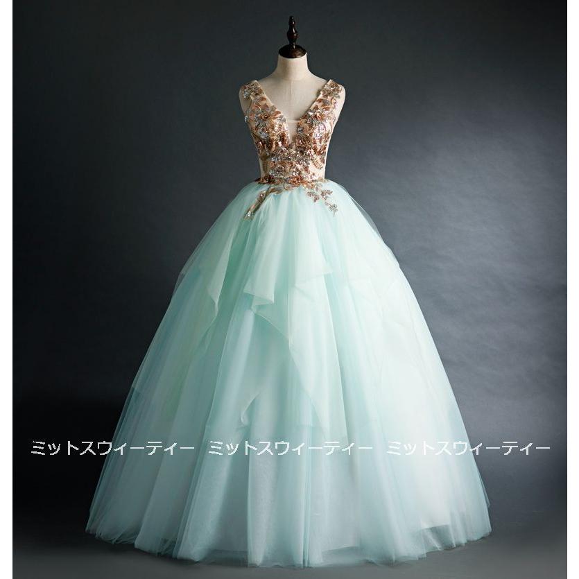 カラードレス グリーン ロング 演奏会 ウエディングドレス 結婚式 花嫁  