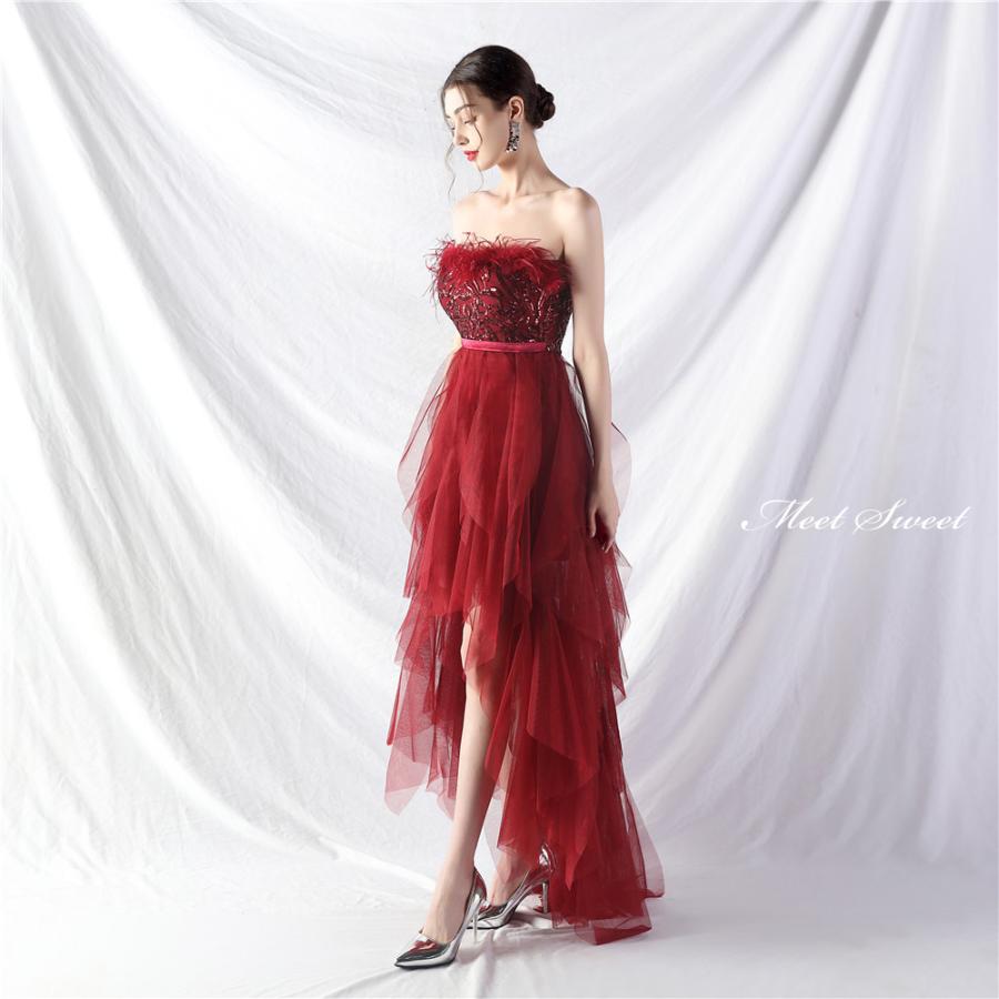 カラードレス フィッシュテールドレス 前短後長ドレス ベアトップ ミニ