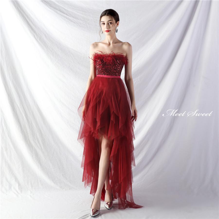 カラードレス フィッシュテールドレス 前短後長ドレス ベアトップ ミニ