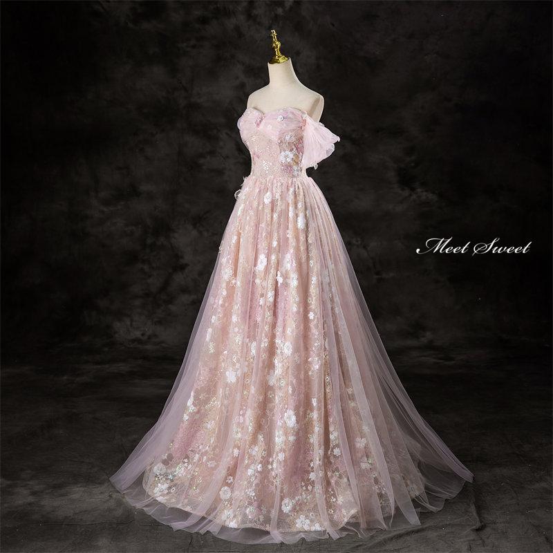 カラードレス ピンク フラワー 花柄 ウェディングドレス ロングドレス