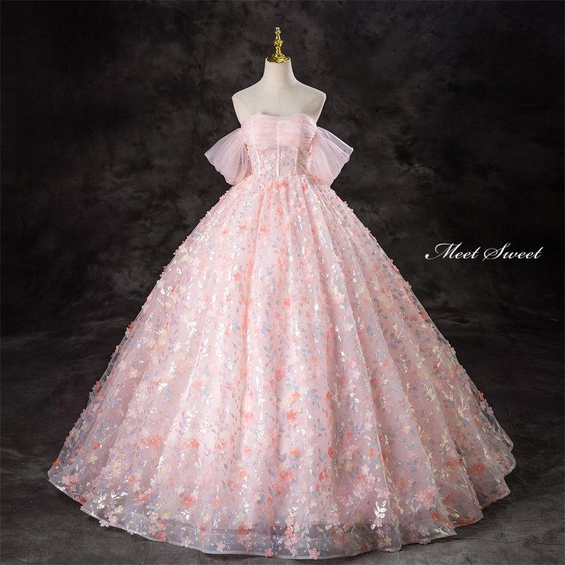 カラードレス ピンク フラワー 花柄 オフショルダー ウェディングドレス ロングドレス 結婚式 二次会 演奏会 発表会 大人 ステージドレス ウエディングドレス カラードレス ピンク フラワー 花柄 オフショルダー ウェディング