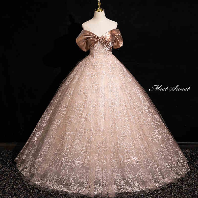 カラードレス ピンクゴールド オフショルダー 花柄 ウェディングドレス