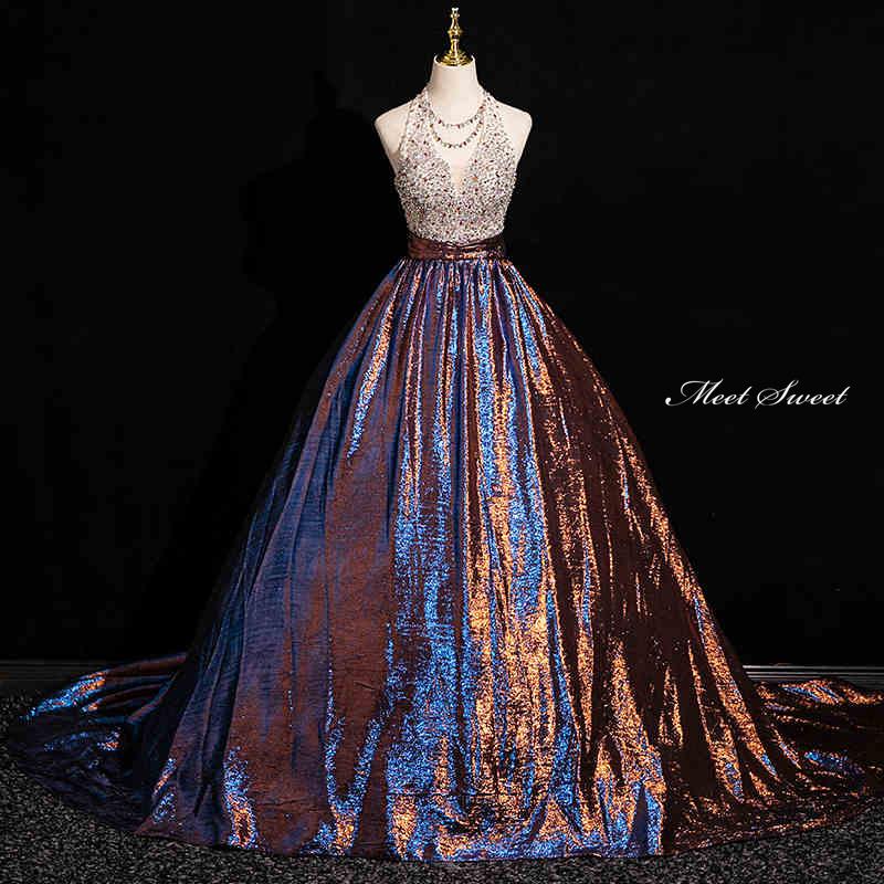 カラードレス ホルターネック ノースリーブ 光沢感 ネイビー ビーズ  