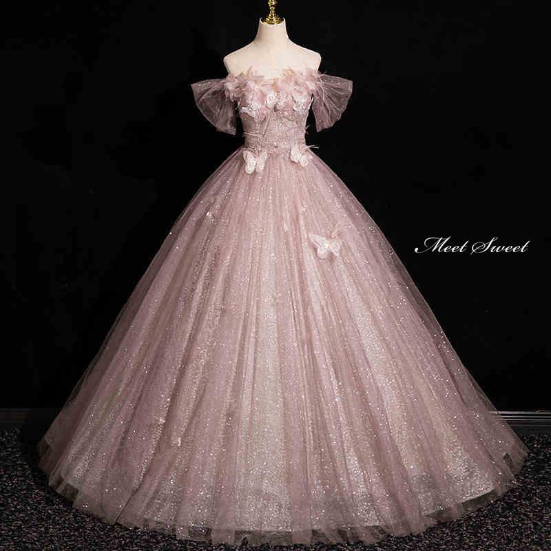 カラードレス オフショルダー ピンク 蝶 キラキラ ウェディングドレス