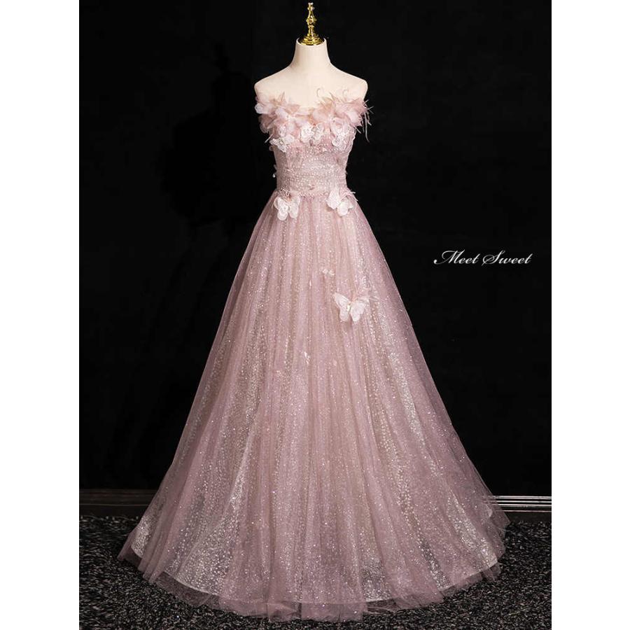 カラードレス オフショルダー ピンク 蝶 キラキラ ウェディングドレス