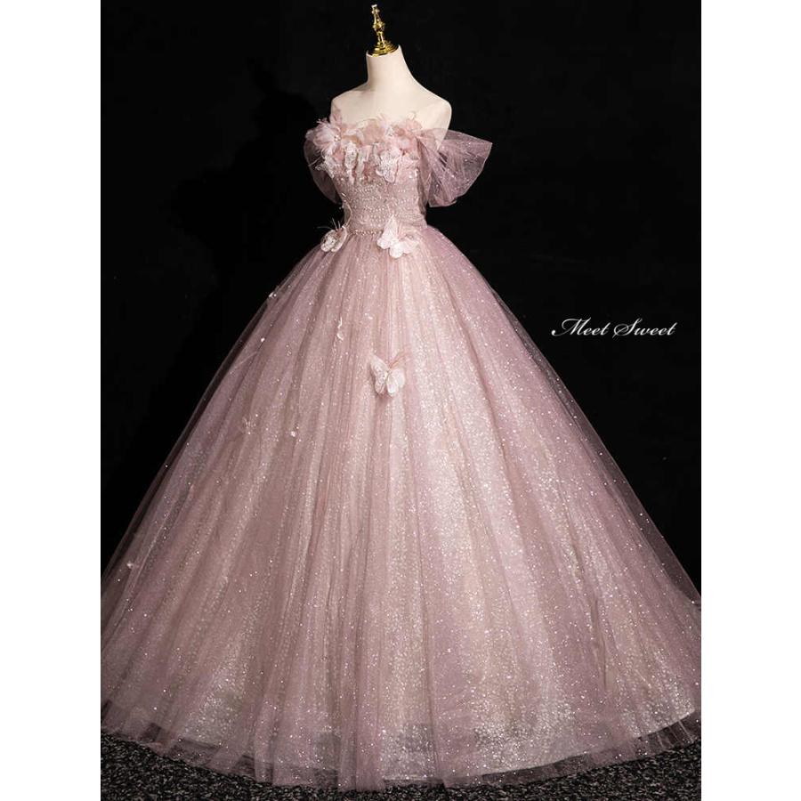 カラードレス オフショルダー ピンク 蝶 キラキラ ウェディングドレス