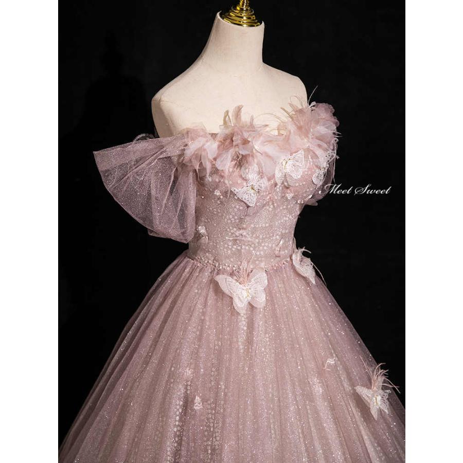 カラードレス オフショルダー ピンク 蝶 キラキラ ウェディングドレス