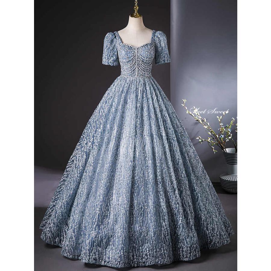 カラードレス ブルー 半袖 ラメ キラキラ ラインストーン ウェディング