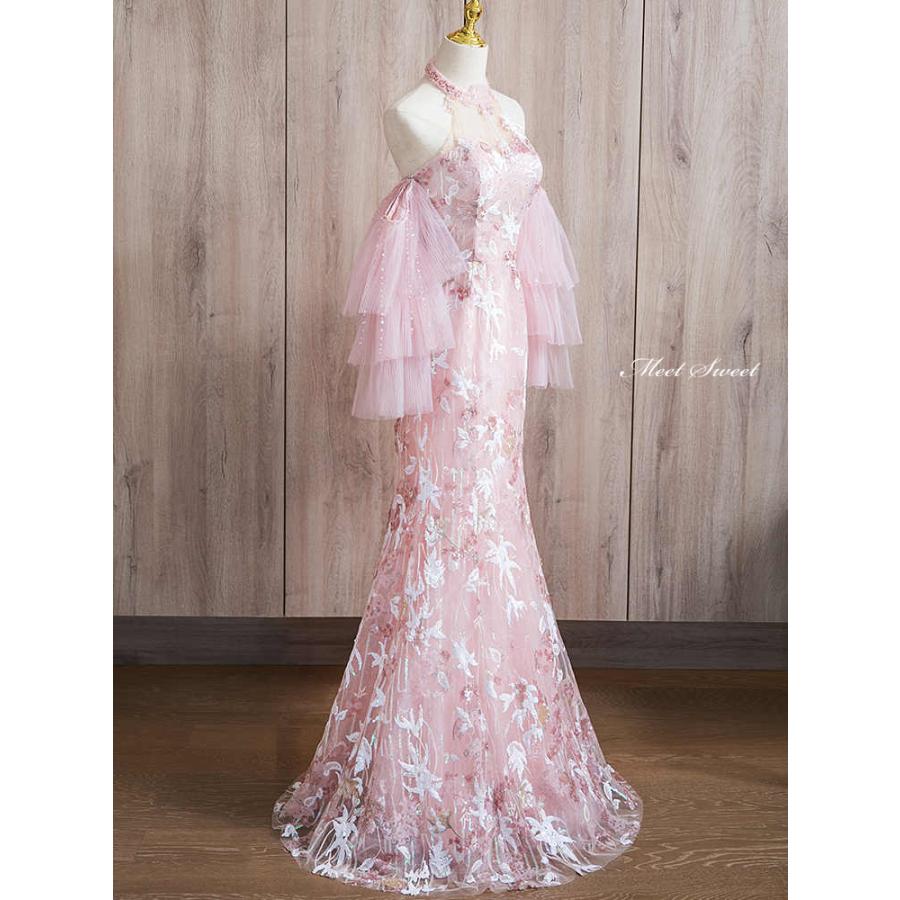 カラードレス 2way つけ袖 マーメイドドレス ピンク ホルターネック 花