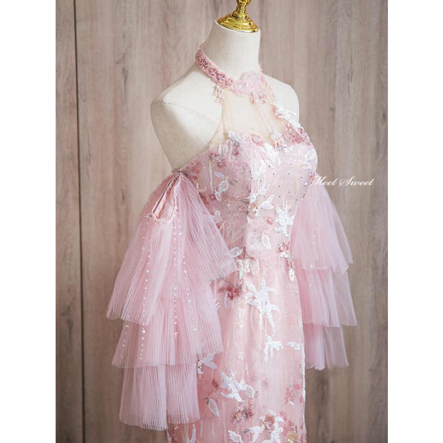 カラードレス 2way つけ袖 マーメイドドレス ピンク ホルターネック 花