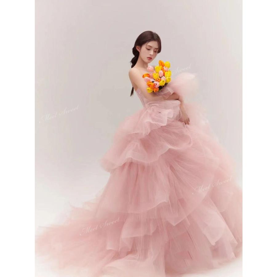 カラードレス プリンセス ピンク ライトブルー ベアトップ ウェディングドレス チュール フリル ウエディングドレス ブライダル 演奏会 結婚式 二次会 の商品画像