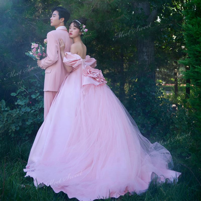 カラードレス ピンク オフショルダー ウェディングドレス チュール 袖付き ウエディングドレス ブライダル 演奏会 結婚式 二次会 発表会 パーティードレス カラードレス ピンク オフショルダー ウェディングドレス チュール 袖