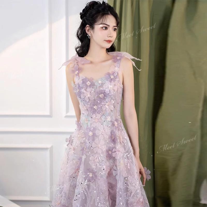 カラードレス ウェディングドレス パープル フラワー 袖なし 編み上げ