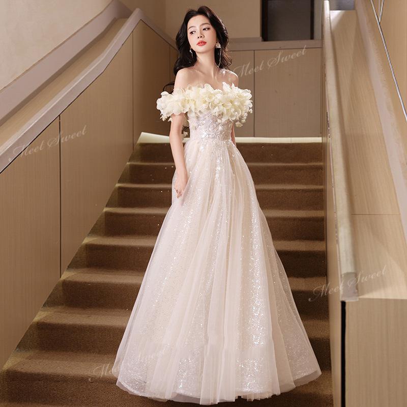 カラードレス ウェディングドレス シャンパン ベージュ オフショルダー フラワー ウエディングドレスドレス パーティードレス 演奏会 発表会 結婚式 二次会 カラードレス ウェディングドレス シャンパン ベージュ オフショルダー