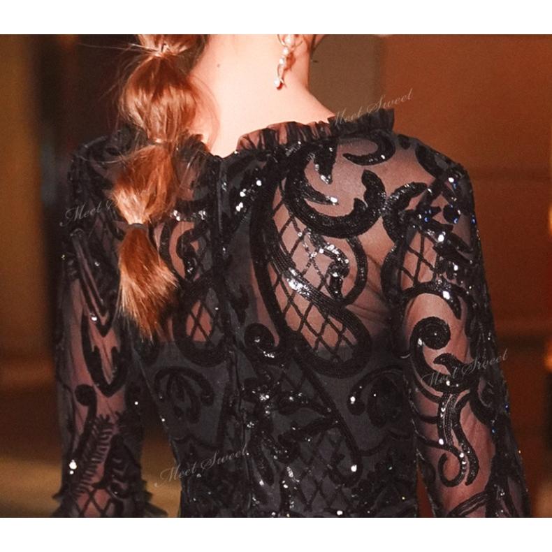 カラードレス マーメイドドレス ブラック 黒 袖付き キラキラ